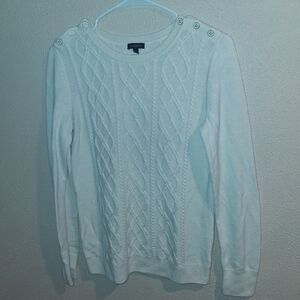 Talbots Ivory Lambs Wool Blend Cable Knit Sweater With Button Detail On Shoulder